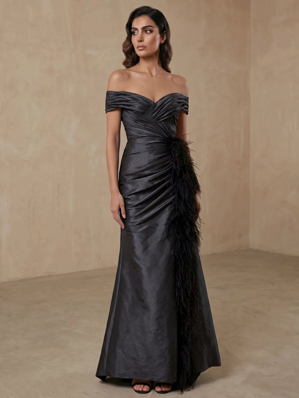 A-Line Evening Dress Off-The-Shoulder Sleeveless Floor Length Runched Black Formal Wedding Guest Dress With Feather Fur Slit