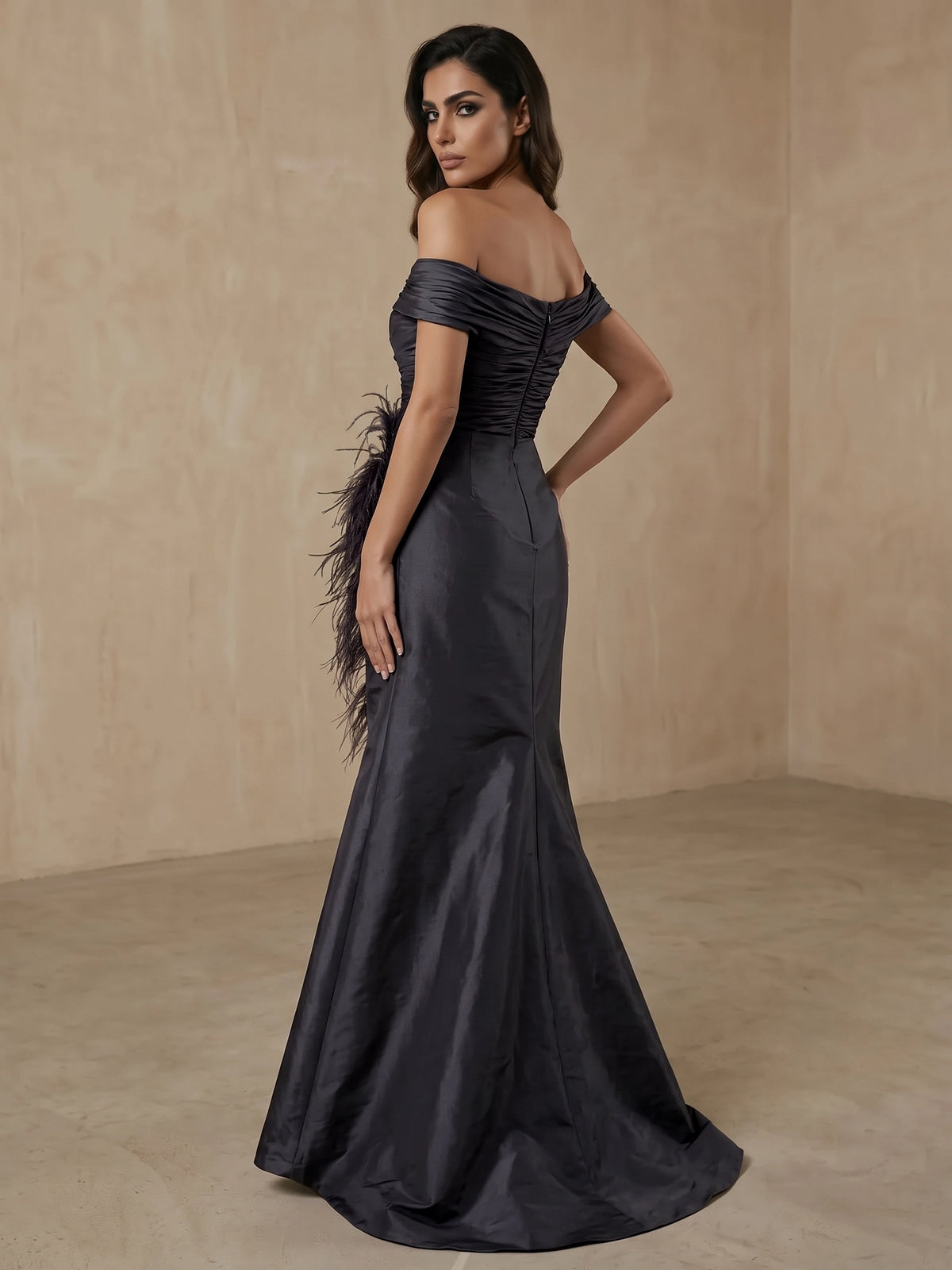 A-Line Evening Dress Off-The-Shoulder Sleeveless Floor Length Runched Black Formal Wedding Guest Dress With Feather Fur Slit