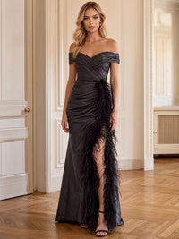 A-Line Evening Dress Off-The-Shoulder Sleeveless Floor Length Runched Black Formal Wedding Guest Dress With Feather Fur Slit