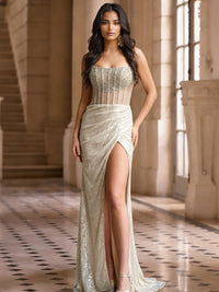 Sheath/Column Sequins Prom Dresses Strapless Sweetheart Sleeveless Floor-length Corset Dress with Side Split/Beads