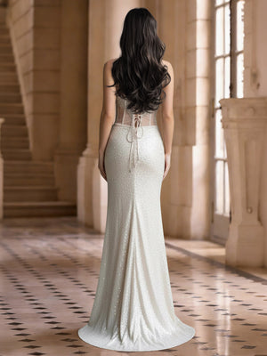 Sheath/Column Sequins Prom Dresses Strapless Sweetheart Sleeveless Floor-length Corset Dress with Side Split/Beads