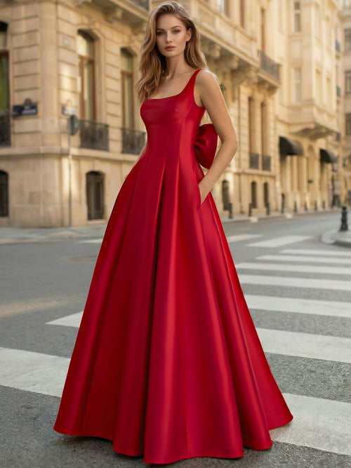A-Line/Princess Evening Dresses Formal  Sleeveless Floor Length with Back Bowknot Pocket