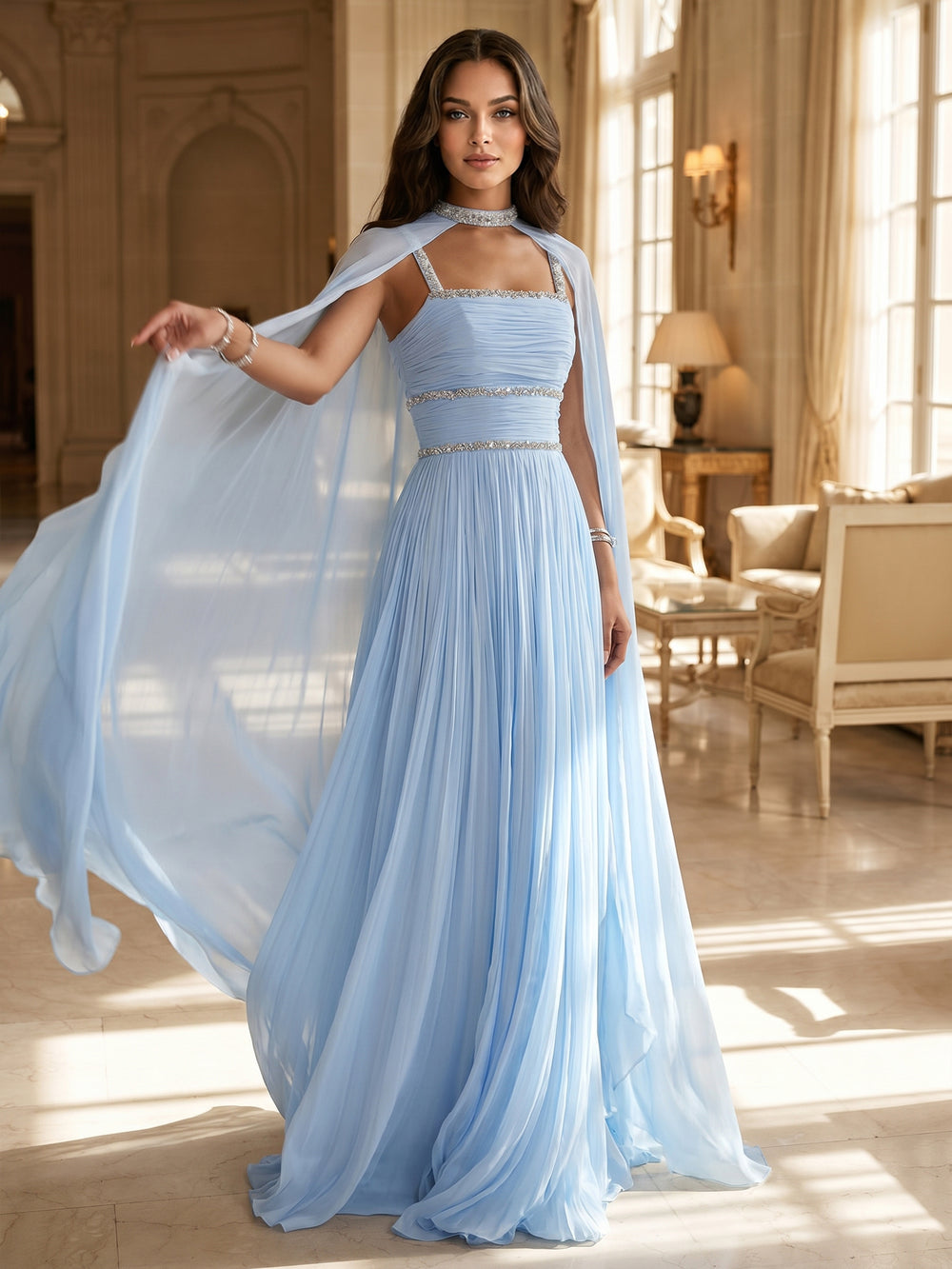 A Line/Princess Evening Dresses Blue Sparkling Beaded Straps Chiffon Pleated For Bridesmaid & Gala With Floating Cape