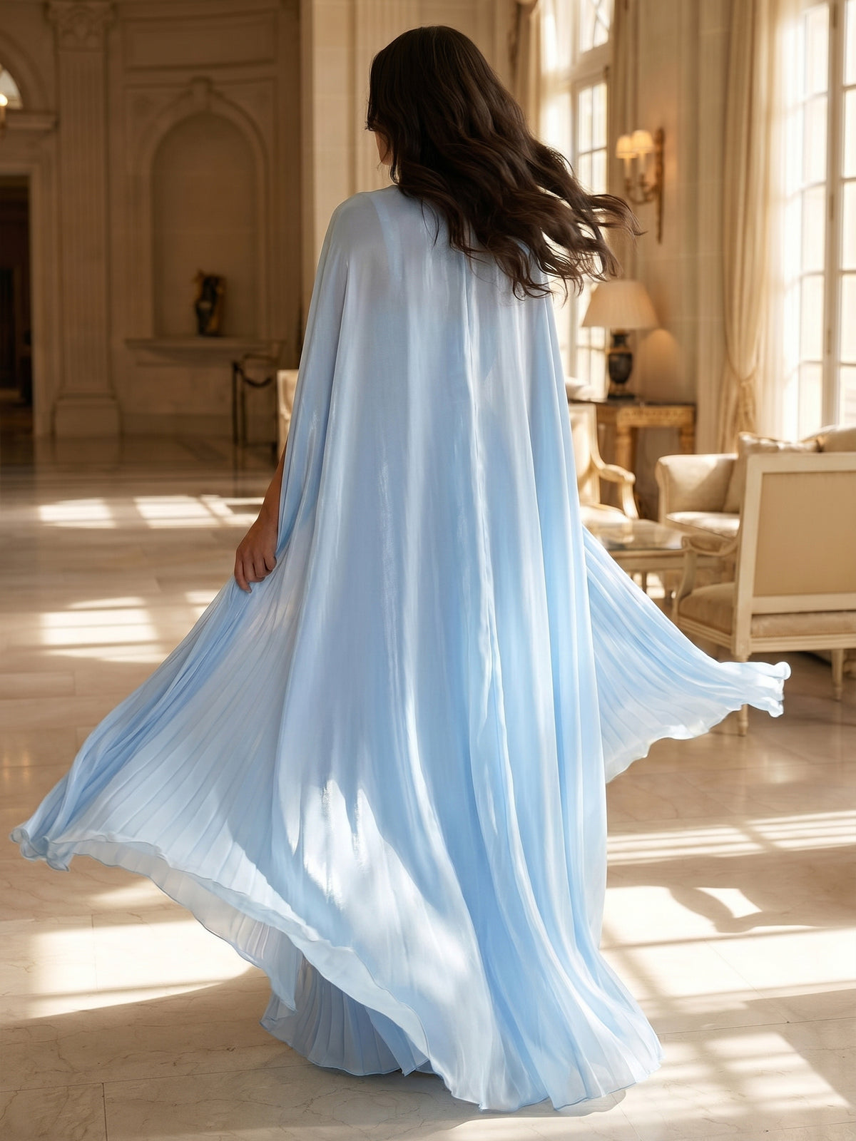 A Line/Princess Evening Dresses Blue Sparkling Beaded Straps Chiffon Pleated For Bridesmaid & Gala With Floating Cape