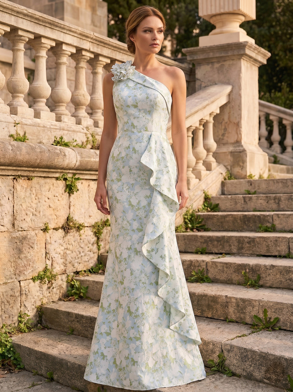 Mermaid Evening Elegant Dress Formal Dresses Printed Satin One-Shoulder Sleeveless Floor Length Cascading Ruffles Flower Wedding Guest