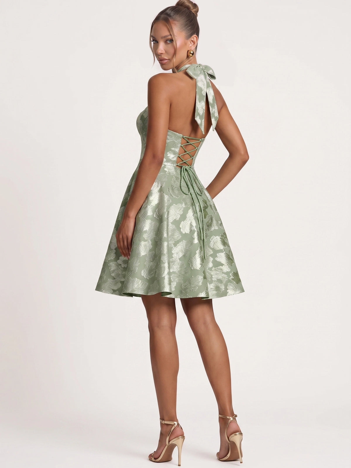A-Line/Princess Homecoming Dresses Jacquard Halter Sleeveless Short With Bow Boning Lace-Up