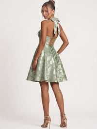A-Line/Princess Homecoming Dresses Jacquard Halter Sleeveless Short With Bow Boning Lace-Up