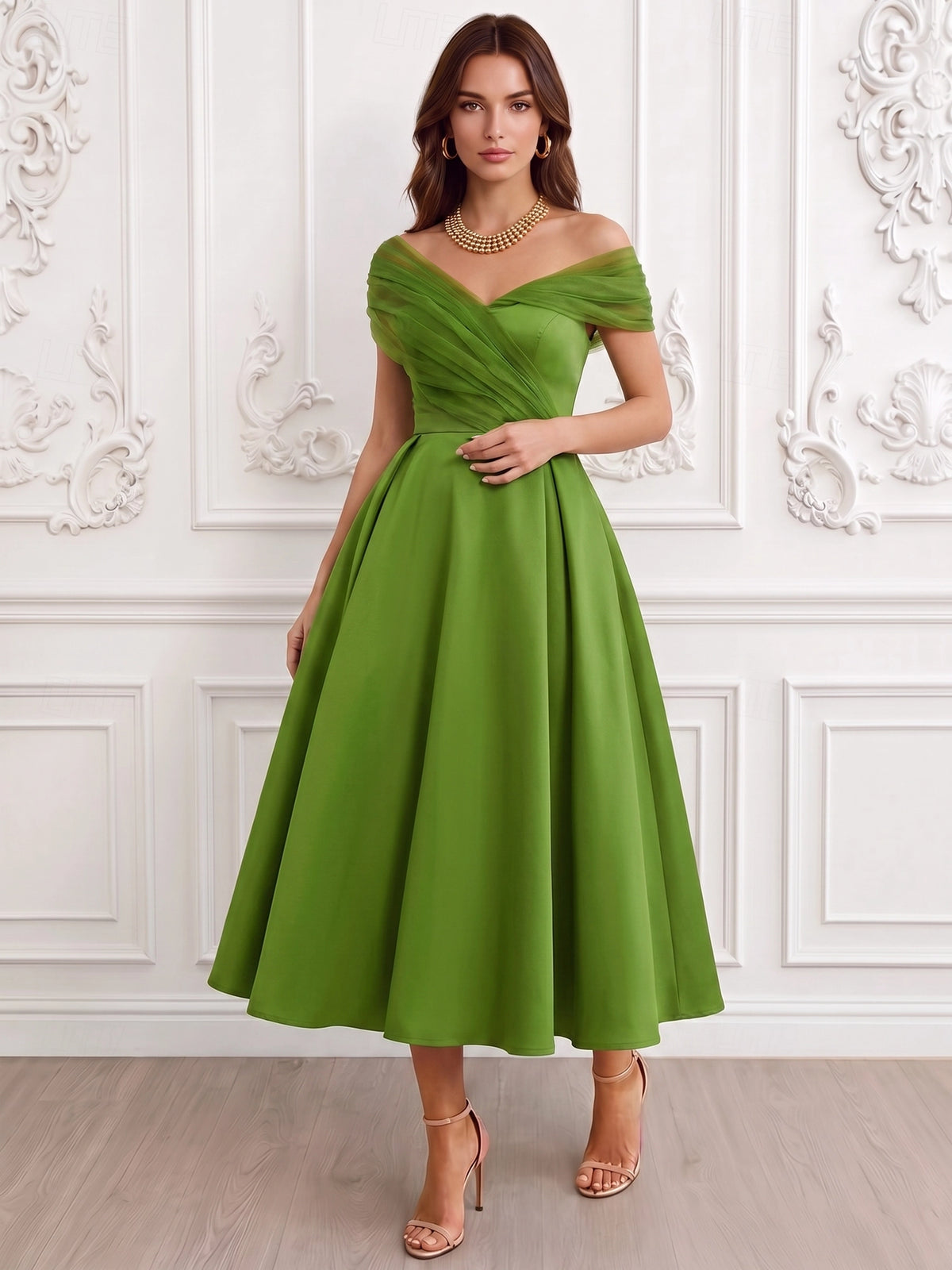 A-Line Cocktail Party Dress Off The Shoulder Sleeveless Satin Ankle Length Formal Dress With Pocket