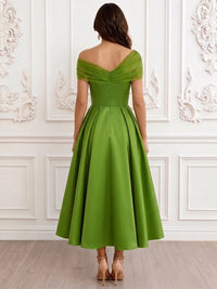 A-Line Cocktail Party Dress Off The Shoulder Sleeveless Satin Ankle Length Formal Dress With Pocket