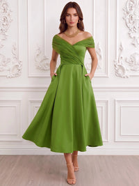 A-Line Cocktail Party Dress Off The Shoulder Sleeveless Satin Ankle Length Formal Dress With Pocket