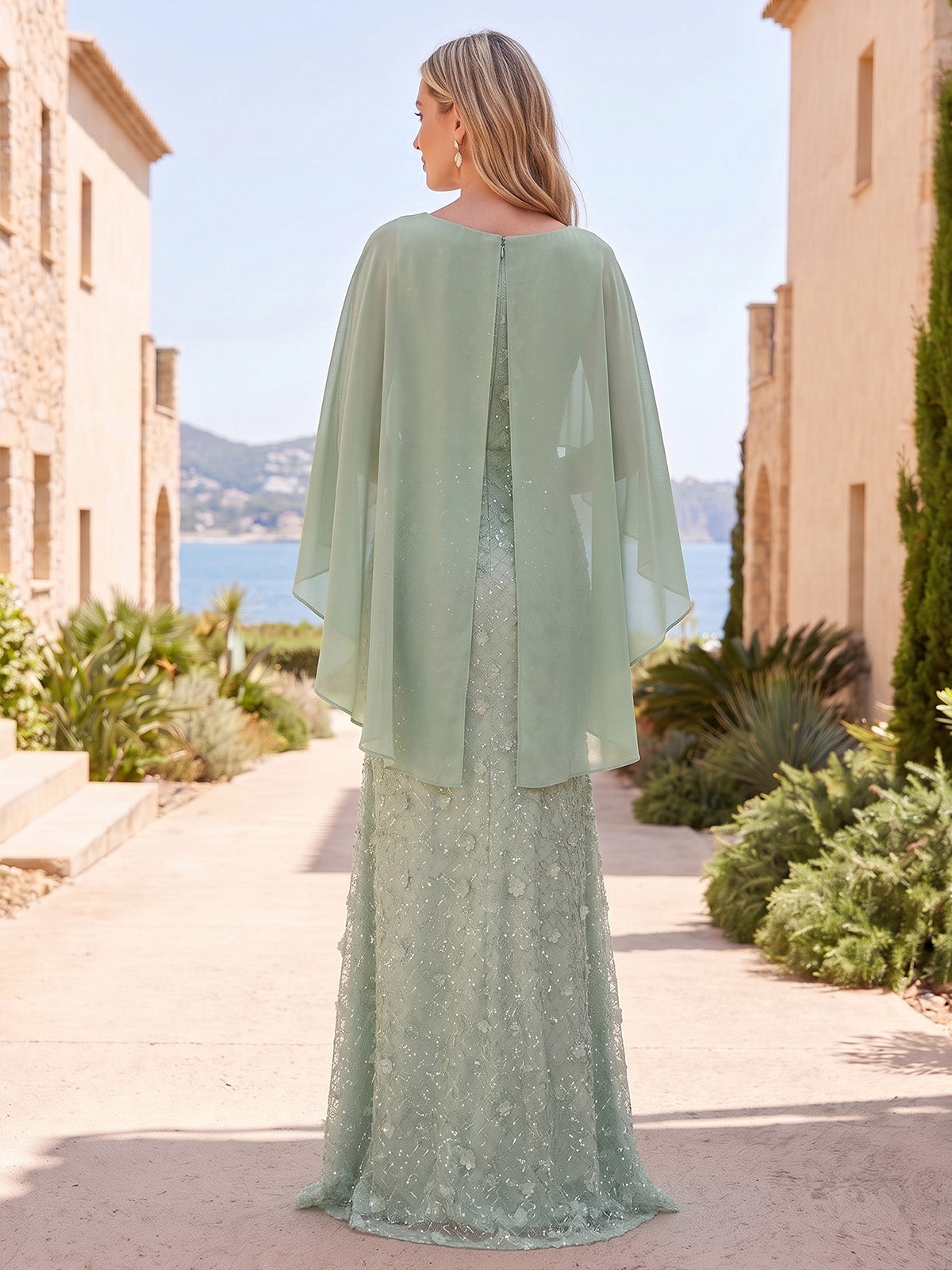 A-Line Mother Of The Bride Dresses Applique Sequins Bateau Neck Cape Sleeves Floor-Length Zipper Wedding Guest