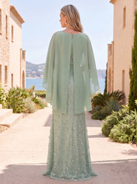 A-Line Mother Of The Bride Dresses Applique Sequins Bateau Neck Cape Sleeves Floor-Length Zipper Wedding Guest