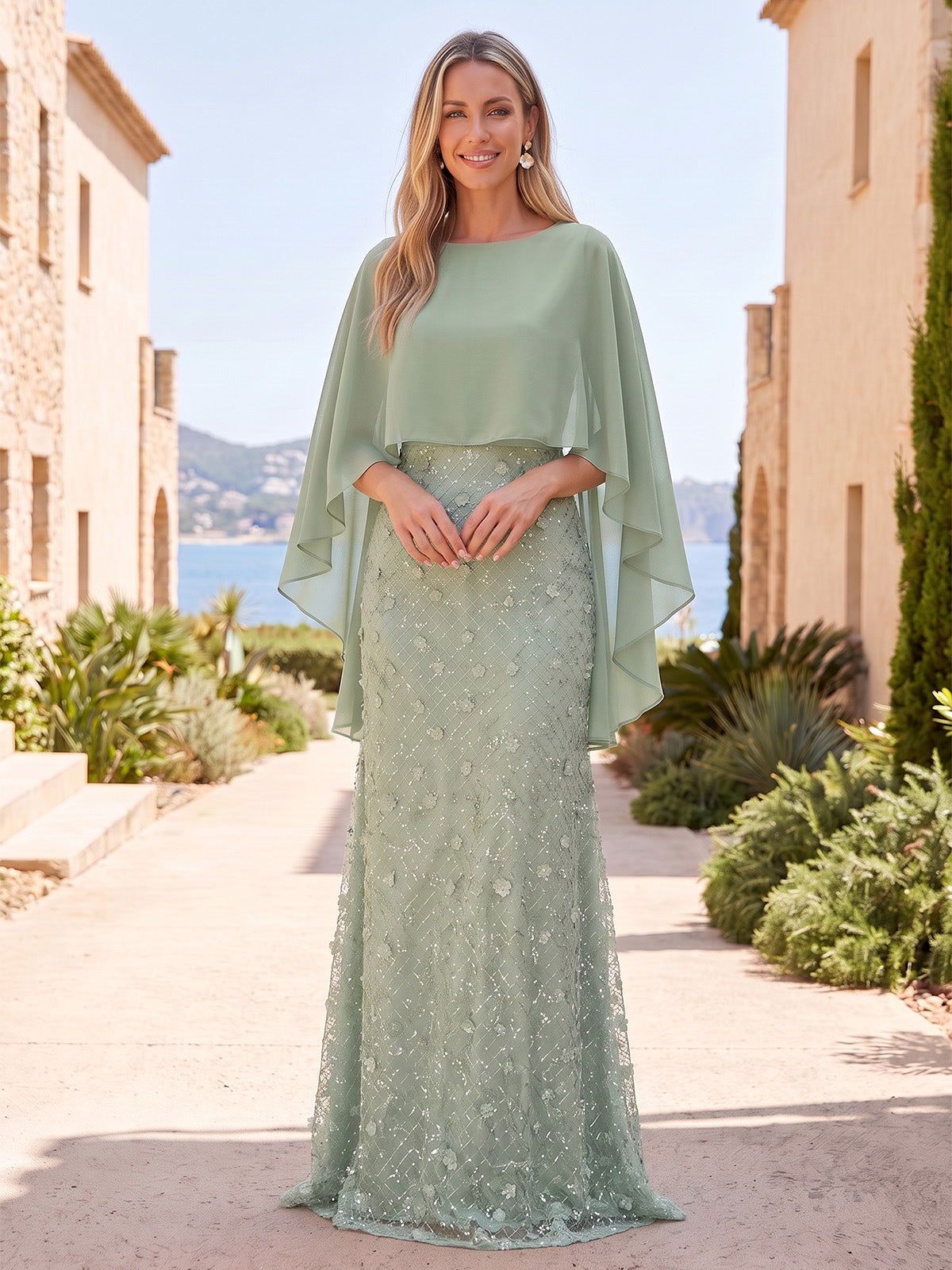 A-Line Mother Of The Bride Dresses Applique Sequins Bateau Neck Cape Sleeves Floor-Length Zipper Wedding Guest