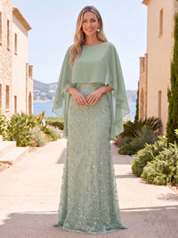 A-Line Mother Of The Bride Dresses Applique Sequins Bateau Neck Cape Sleeves Floor-Length Zipper Wedding Guest