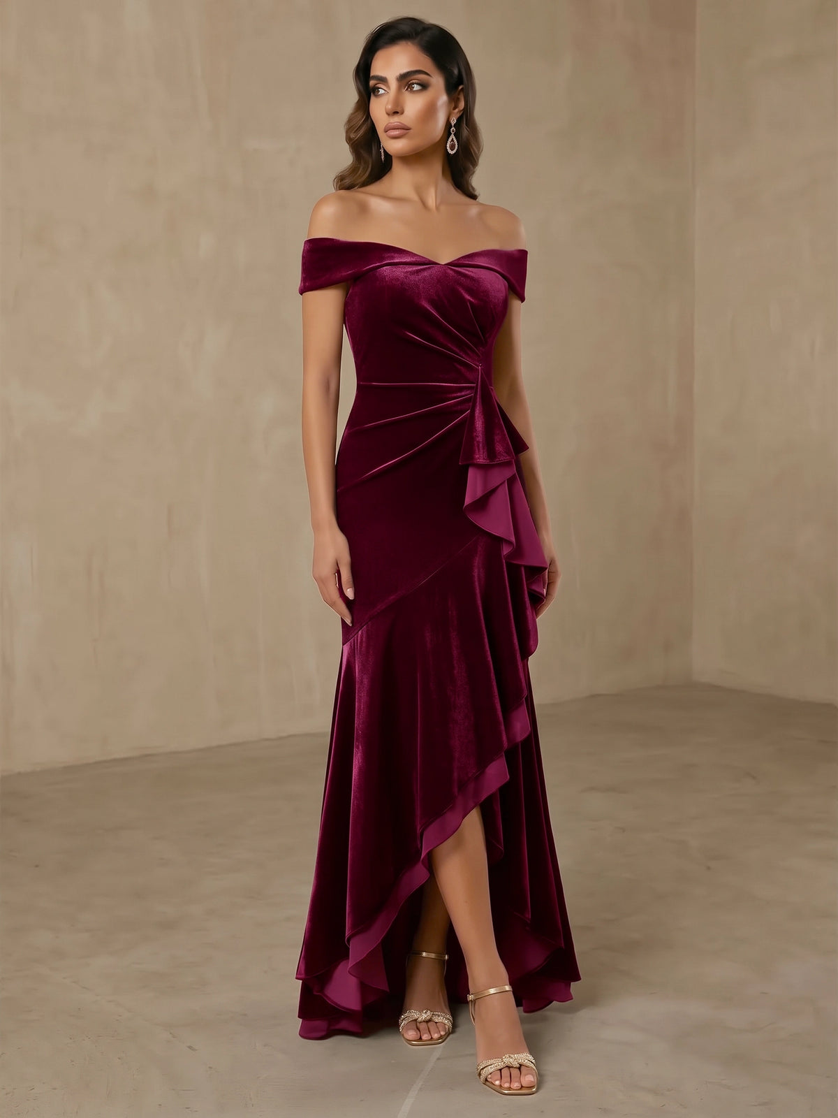 A-Line Velvet Evening Gown Floor Length Off The Shoulder Runched High Low Length Burgundy Sleeveless Elegant Formal Wedding Guest Dress With Slit Ruffles