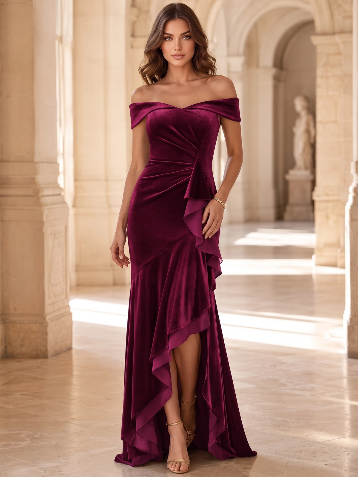 A-Line Velvet Evening Gown Floor Length Off The Shoulder Runched High Low Length Burgundy Sleeveless Elegant Formal Wedding Guest Dress With Slit Ruffles