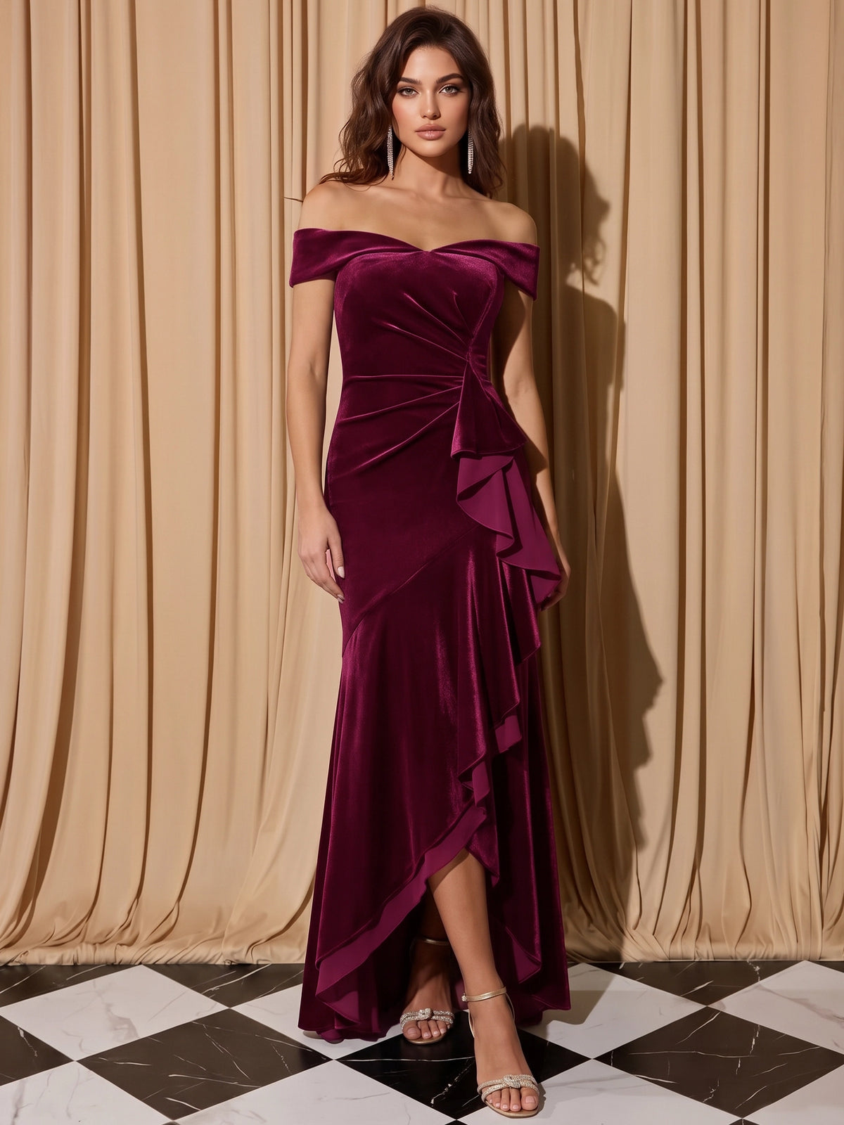 A-Line Velvet Evening Gown Floor Length Off The Shoulder Runched High Low Length Burgundy Sleeveless Elegant Formal Wedding Guest Dress With Slit Ruffles