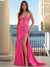 Mermaid Fuchsia Prom Dresses Satin Spaghetti Straps Off-shoulder Floor-Length Formal Corset Dress With Beads&Side Split