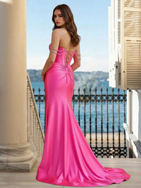 Mermaid Fuchsia Prom Dresses Basque Waist Satin Spaghetti Straps Off-shoulder Floor-Length Formal Corset Dress With Beads&Side Split