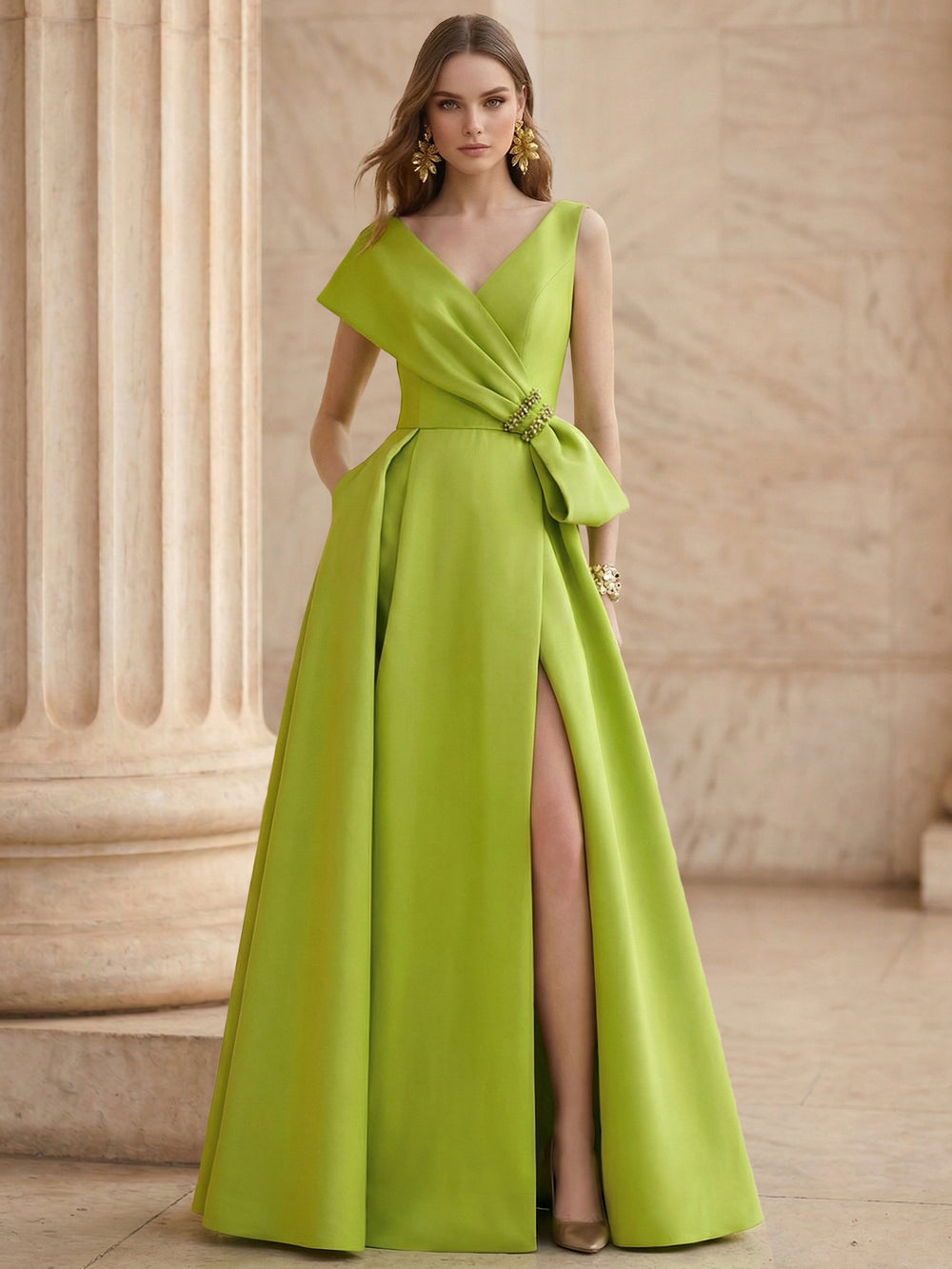A-Line Formal Evening Dresses Satin Floor-Length V-Neck Elegant Formal Evening Gown With Pocket High Slit
