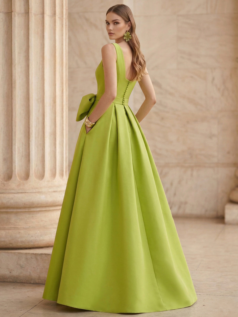 A-Line Formal Evening Dresses Satin Floor-Length V-Neck Elegant Formal Evening Gown With Pocket High Slit