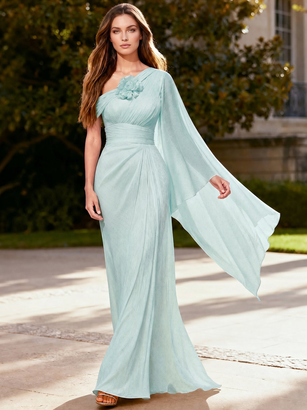A Line/Princess Evening Dresses Grecian Style One Shoulder Chiffon Pleated For Bridesmaid Party With Flower Cape