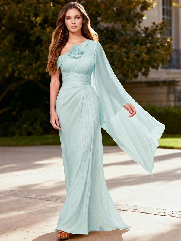 A Line/Princess Evening Dresses Grecian Style One Shoulder Chiffon Pleated For Bridesmaid Party With Flower Cape