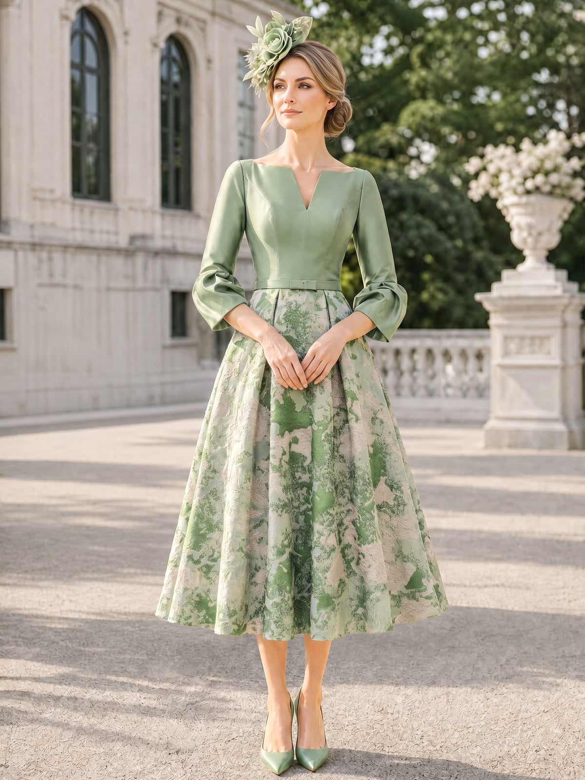 A-Line Mother Of The Bride Dresses Elegant Printed Stain Tea-Length 3/4 Sleeves V-Neck Wedding Guest Dress