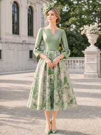 A-Line Mother Of The Bride Dresses Elegant Printed Stain Tea-Length 3/4 Sleeves V-Neck Wedding Guest Dress
