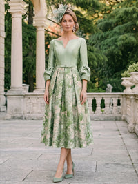 A-Line Mother Of The Bride Dresses Elegant Printed Stain Tea-Length 3/4 Sleeves V-Neck Wedding Guest Dress