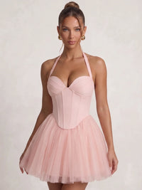 A-Line/Princess Homecoming Dresses Satin Chiffon Halter Sleeveless Short With Bowknot Boning Lace-Up