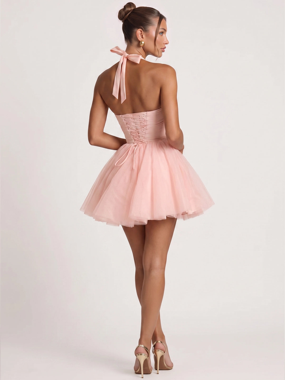 A-Line/Princess Homecoming Dresses Satin Chiffon Halter Sleeveless Short With Bowknot Boning Lace-Up