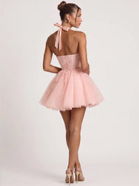 A-Line/Princess Homecoming Dresses Satin Chiffon Halter Sleeveless Short With Bowknot Boning Lace-Up