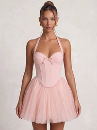 A-Line/Princess Homecoming Dresses Satin Chiffon Halter Sleeveless Short With Bowknot Boning Lace-Up