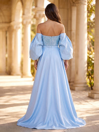 Sheath/Column Evening Dresses Elegant Sequins Satin Floor-Length Off-The-Shoulder Long Sleeves With Overskirt Zipper Formal Dresses