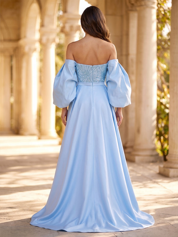 Sheath/Column Evening Dresses Elegant Sequins Satin Floor-Length Off-The-Shoulder Long Sleeves With Overskirt Zipper Formal Dresses