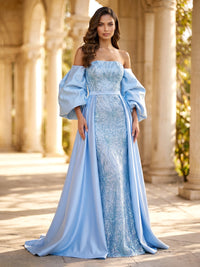 Sheath/Column Evening Dresses Elegant Sequins Satin Floor-Length Off-The-Shoulder Long Sleeves With Overskirt Zipper Formal Dresses