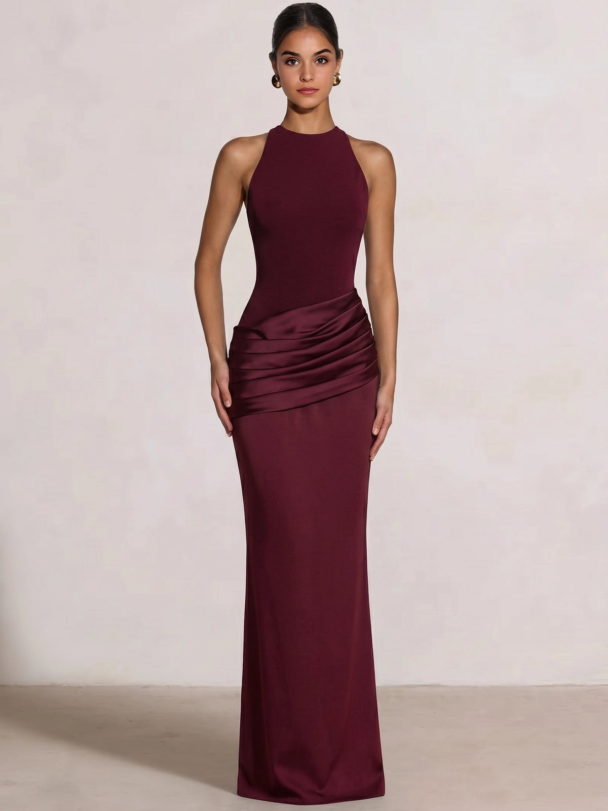 Sheath/Column Evening Dress Boat Neck Sleeveless Floor-Length Formal Runched Party Formal Dress