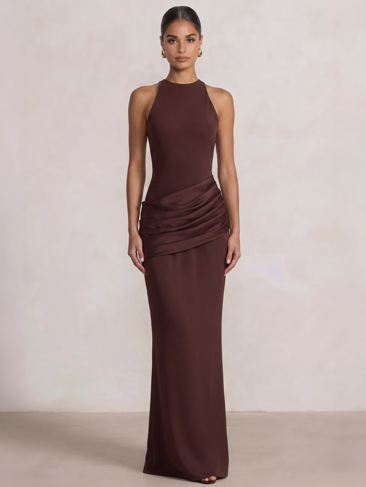 Sheath/Column Evening Dress Boat Neck Sleeveless Floor-Length Formal Runched Party Formal Dress