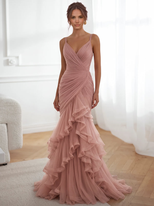 Mermaid Evening Dresses Runched Formal V Neck Dusty Rose Tulle Elegant Floor-Length With Ruffles