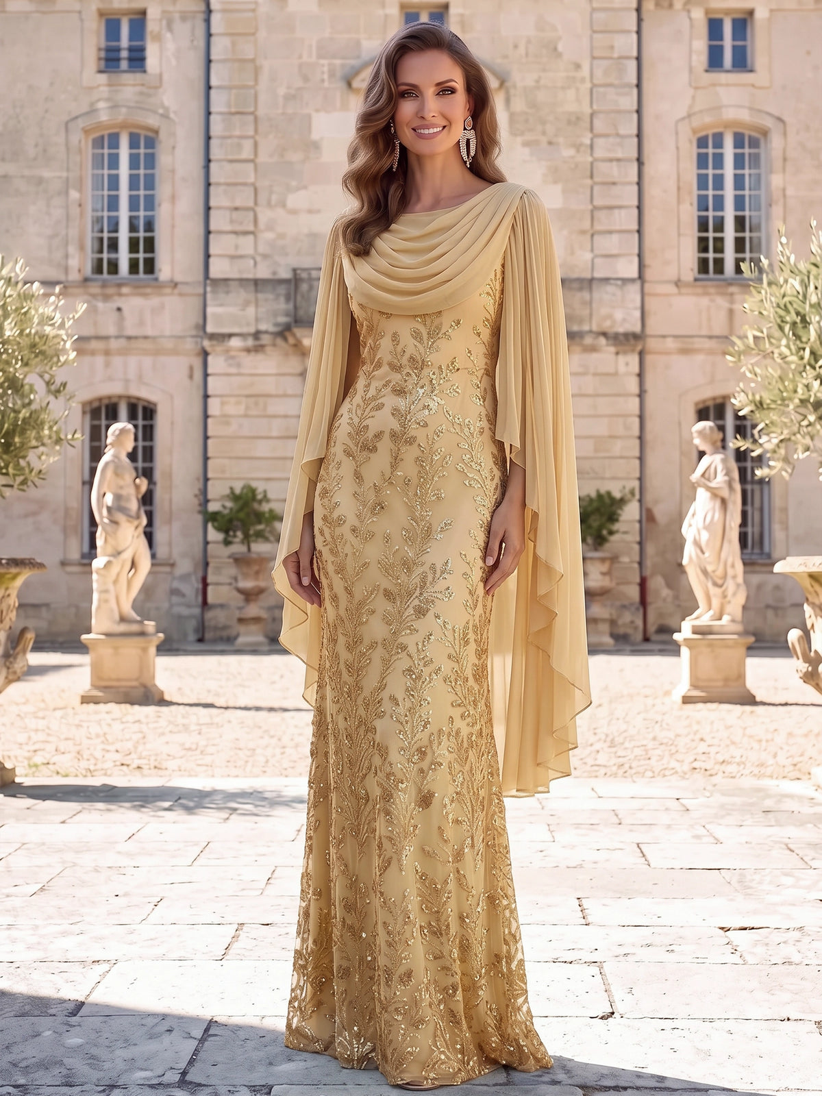 A-Line/Princess Mother Of The Bride Dresses Chiffon Luxurious Sparkle Champagne Formal Dresses Sequined Runched Beaded Dress