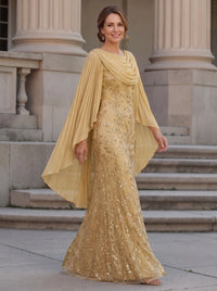 A-Line/Princess Mother Of The Bride Dresses Chiffon Luxurious Sparkle Champagne Formal Dresses Sequined Runched Beaded Dress