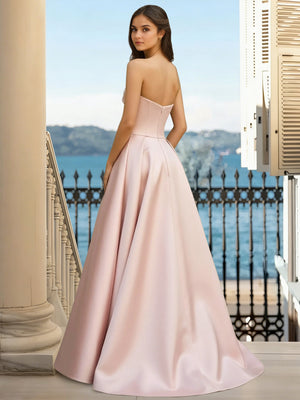 A-Line/Princess Elegant Satin Prom Dress Strapless Neckline Sleeveless Long-Length Satin Dress With Tulle Underskirt