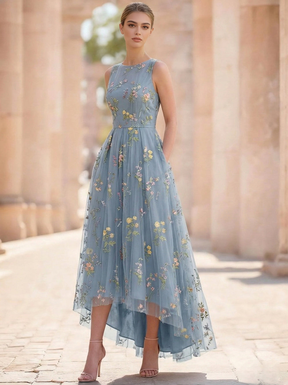 A-Line/Princess  Floral Cocktail Dresses Sleeveless Tulle Formal Ankle Length Dresses Pocket with Floral Emboridary Pocket