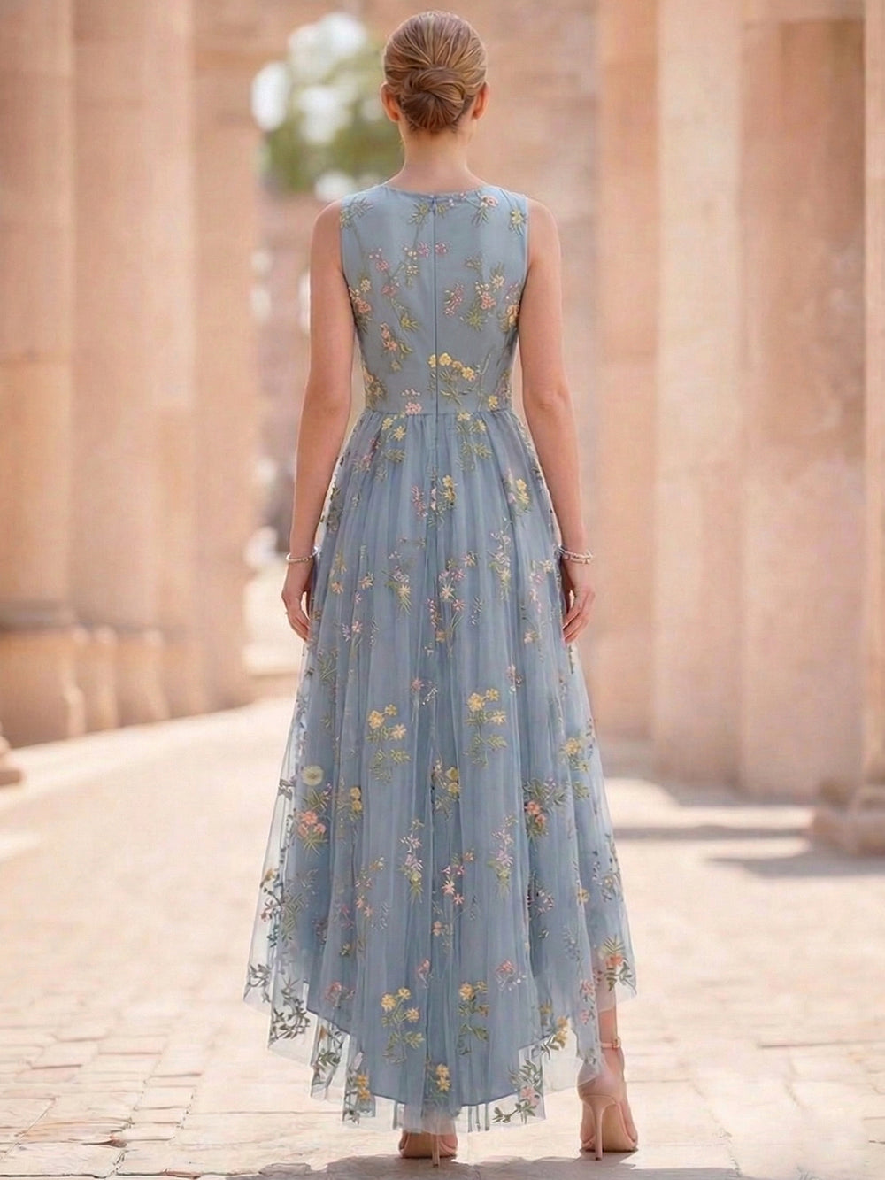 A-Line/Princess  Floral Cocktail Dresses Sleeveless Tulle Formal Ankle Length Dresses Pocket with Floral Emboridary Pocket