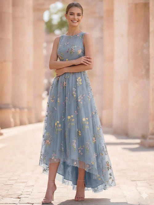 A-Line/Princess  Floral Cocktail Dresses Sleeveless Tulle Formal Ankle Length Dresses Pocket with Floral Emboridary Pocket
