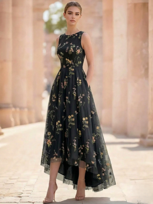 A-Line/Princess  Floral Cocktail Dresses Sleeveless Tulle Formal Ankle Length Dresses Pocket with Floral Emboridary Pocket