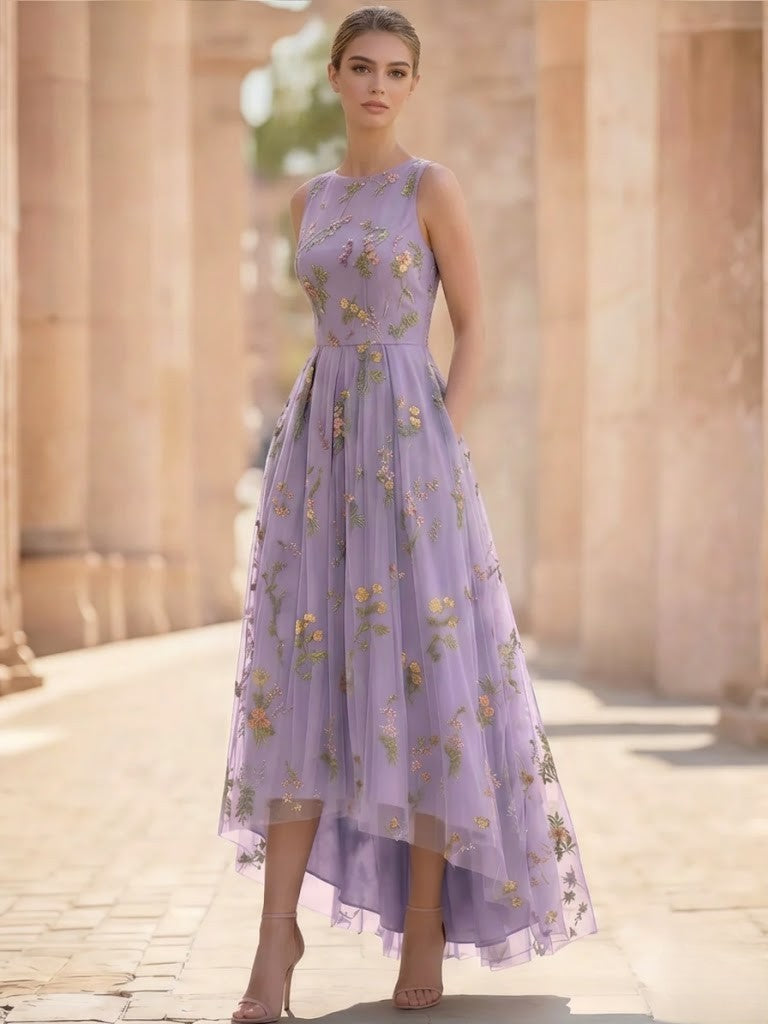 Nafori Lilac A-Line/Princess Floral Cocktail Dresses Sleeveless Tulle Formal Ankle Length Dresses Pocket with Floral Emboridary Pocket 2026