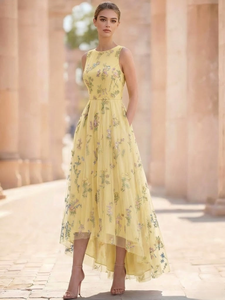 Nafori Yellow A-Line/Princess Floral Cocktail Dresses Sleeveless Tulle Formal Ankle Length Dresses Pocket with Floral Emboridary Pocket 2026