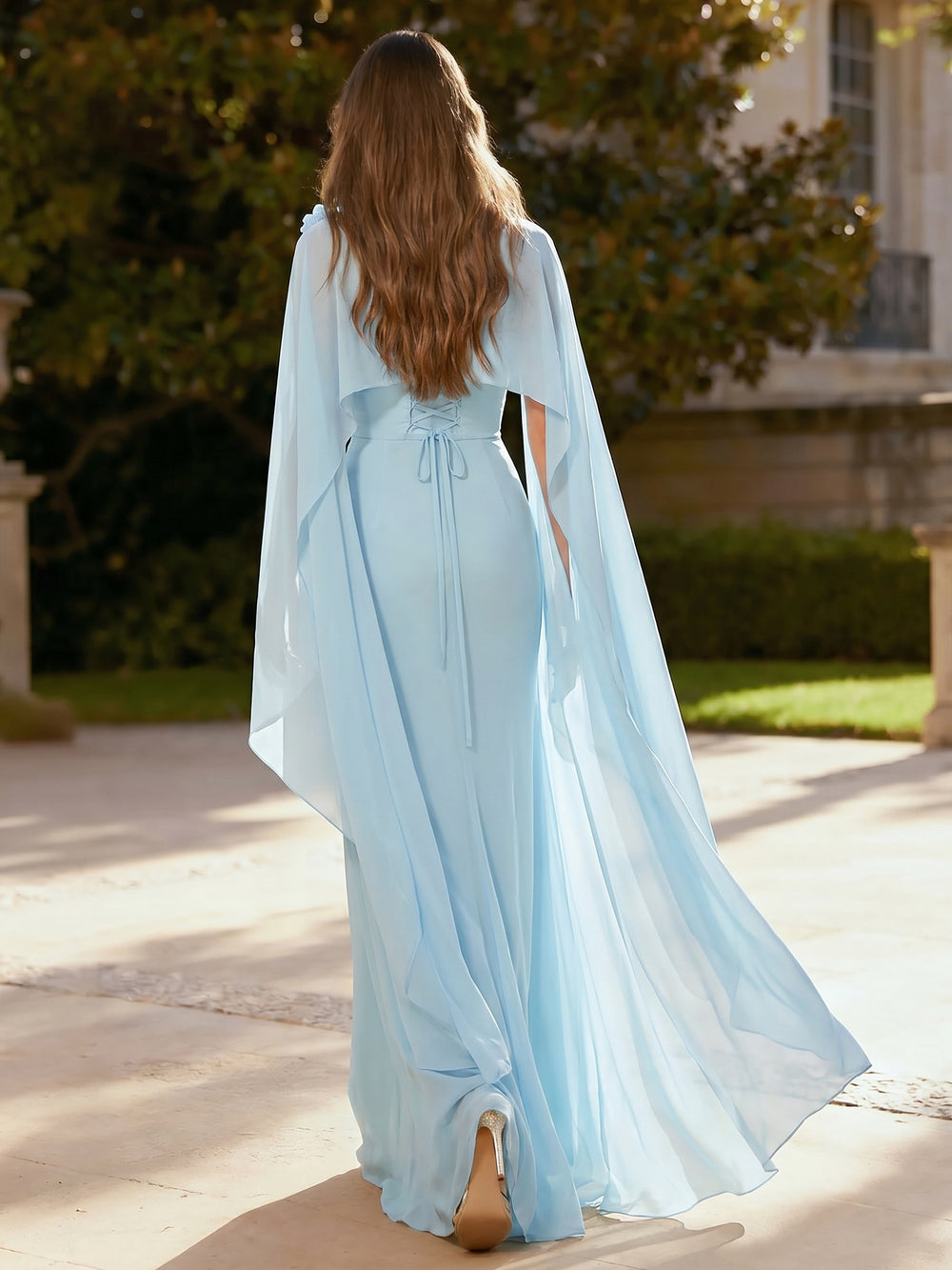 A Line/Princess Evening Dresses Elegant Chiffon Grecian Style One Shoulder For Bridesmaid Party Wedding Guest Dress With Cape Flower